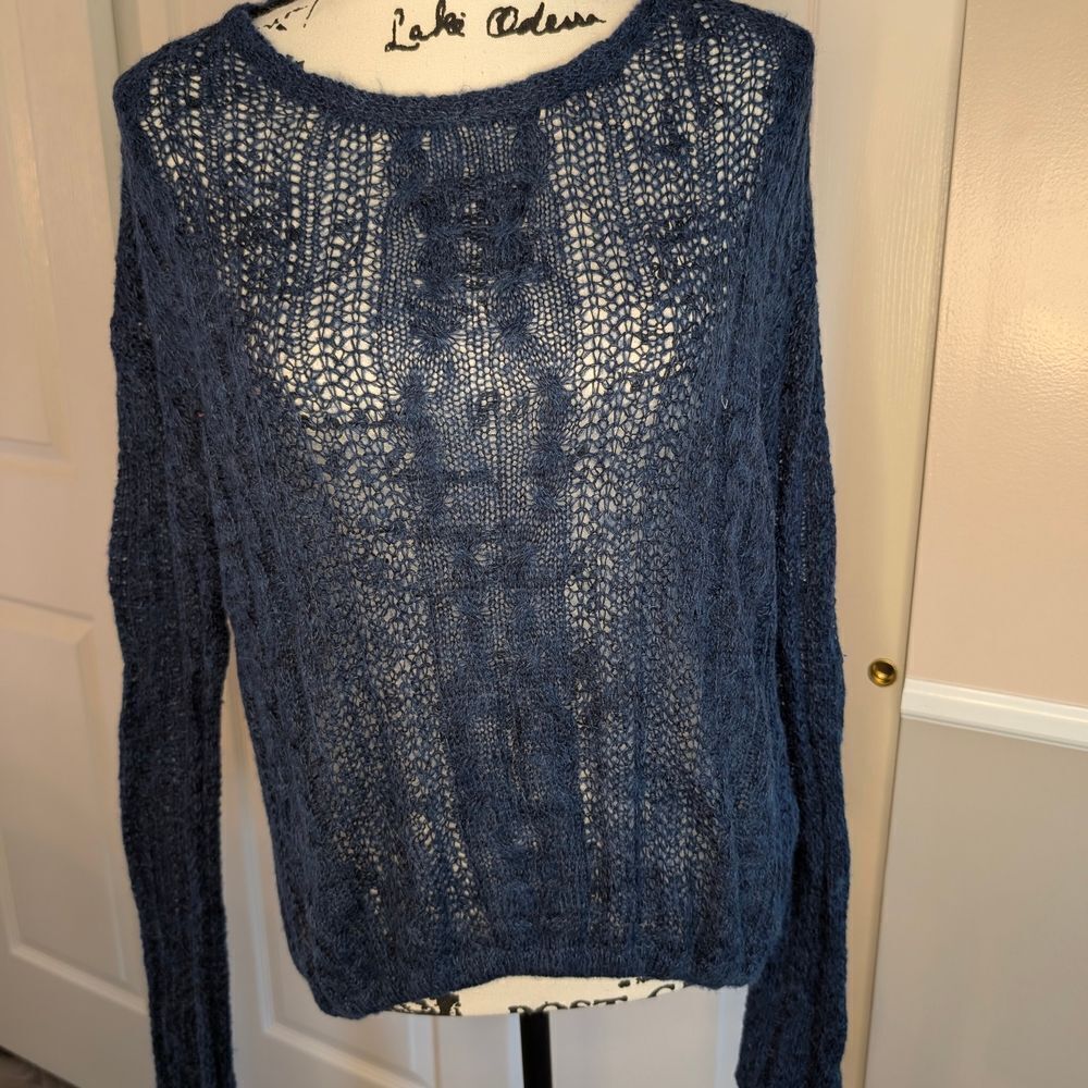 NWT Free People Blue Crew Neck Sweater with Open-Knit Texture